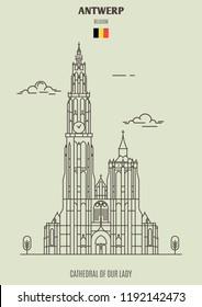 Cathedral of Our Lady in Antwerp, Belgium. Landmark icon in linear style