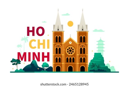 Cathedral of Our Lady - modern colored vector illustration with Notre Dame in Ho Chi Minh City. Vietnamese colonial architecture. Landmarks and green tropical nature of Asia. Tourism and heritage idea