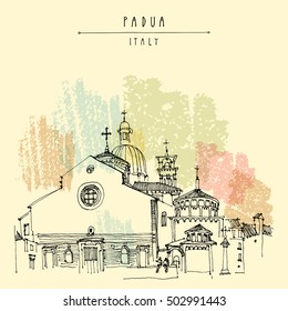 Cathedral in Padua, Veneto, Italy. Travel sketch. Hand drawn vintage touristic postcard, poster, calendar book illustration in vector