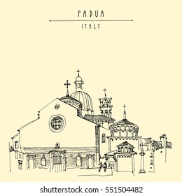 Cathedral in Padua, Veneto, Italy. Travel sketch. Hand drawn vintage touristic postcard, poster, calendar book illustration in vector