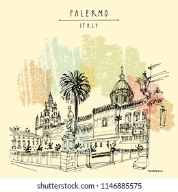 Cathedral in Palermo, Sicily, Italy. Artistic illustration of a Catholic church and beautiful garden. Travel sketch. Vintage travel postcard, poster template or book illustration in vector