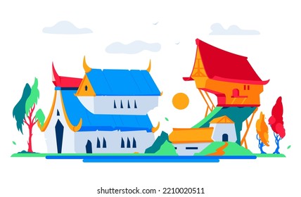 Cathedral and peasant huts - modern flat design style illustration. Neat detailed image of old buildings from the Middle Ages. Rural settlement, village, unity with nature, peasant life idea