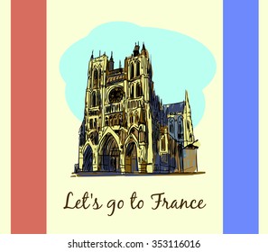 Cathedral of Reims ,France Vector travel destinations, hand drawn graphic elements for traveling to France.