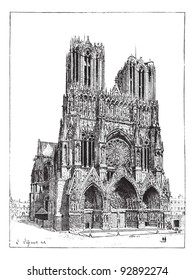 Cathedral of Reims, France, vintage engraved illustration. Dictionary of words and things - Larive and Fleury - 1895.