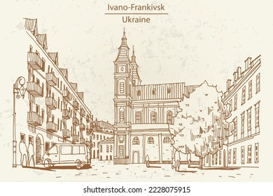 Cathedral of the Resurrection of Christ in Ivano-Frankivsk, Ukraine. Retro style.