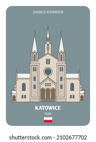 Cathedral of the Resurrection in Katowice, Poland. Architectural symbols of European cities. Colorful vector 