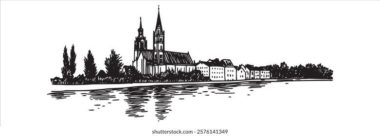 cathedral and riverside buildings with reflection in black and white hand-drawn style