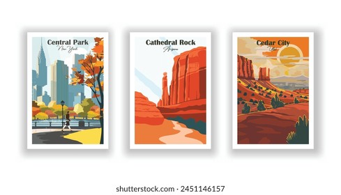 Cathedral Rock, Arizona, Cedar City, Utah, Central Park, Neu York - Klassisches Reiseplakat. Vektorillustration. Qualitativ hochwertige Ausdrucke