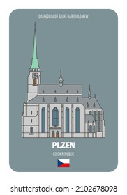 Cathedral of Saint Bartholomew in Plzen, Czech Republic. Architectural symbols of European cities. Colorful vector