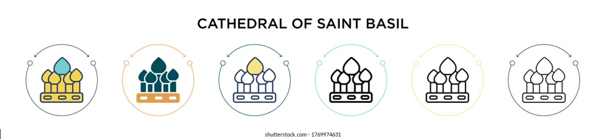 Catedral del ícono de albahaca de santa en línea llena, delgada, contorno y estilo de trazo. Ilustración vectorial de dos catedrales de color y negro de los iconos vectores de albahaca saint se pueden utilizar para móviles, ui,