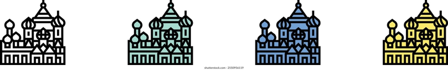 Icono de la Catedral de San Basilio. Esquema, diseño de estilo verde, azul y amarillo aislado sobre fondo blanco