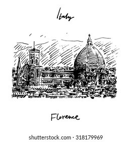 Cathedral of Saint Mary of the Flower in Florence, Italy. Vector hand drawn sketch.