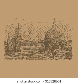 Cathedral of Saint Mary of the Flower in Florence, Italy. Vector hand drawn sketch.