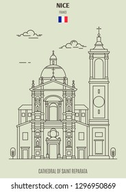 Cathedral of Saint Reparata in Nice, France. Landmark icon in linear style