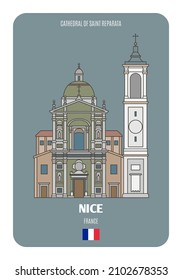 Cathedral of Saint Reparata in Nice, France. Architectural symbols of European cities. Colorful vector