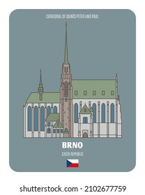 Cathedral of Saints Peter and Paul in Brno, Czech Republic. Architectural symbols of European cities. Colorful vector 