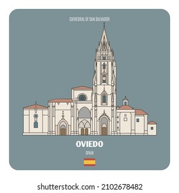 Catedral de San Salvador en Oviedo, España. Símbolos arquitectónicos de las ciudades europeas. Vector colorido 