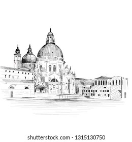 Cathedral Santa Maria della Salute in Venice, Italy. Vector drawing. City landscape. Europe. Tourist attraction. Historic place