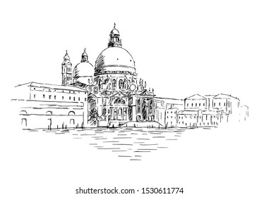 Cathedral of Santa Maria della Salute in Venice, Italy. Hand drawn vector scetch of Venice and gondola