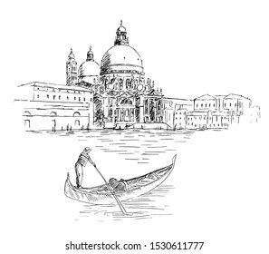 Cathedral of Santa Maria della Salute in Venice, Italy. Hand drawn vector scetch of Venice and gondola