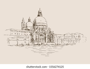 Cathedral of Santa Maria della Salute in Venice, Italy. Hand drawn vector scetch of Venice