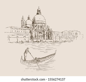 Cathedral of Santa Maria della Salute in Venice, Italy. Hand drawn vector scetch of Venice and gondola