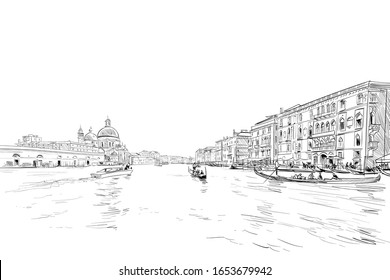 Cathedral of Santa Maria della Salute. 
Grand Canal. Venice. Italy. Hand drawn city sketch. Vector illustration.