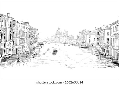 Catedral de Santa Maria della Salute. 
Gran Canal. Venecia. Italia. Dibujo de la ciudad dibujado a mano. Ilustración vectorial.