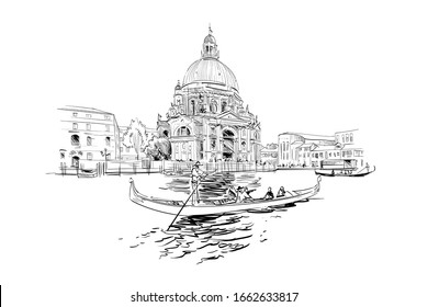 Cathedral of Santa Maria della Salute. 
Grand Canal. Venice. Italy. Hand drawn city sketch. Vector illustration. svg