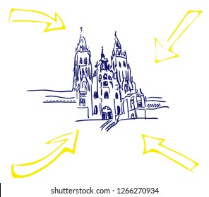 Cathedral Santiago de Compostela with yellow arrows