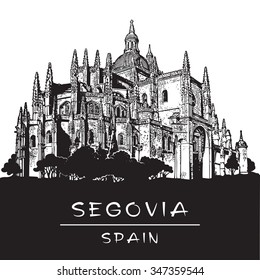 Cathedral of Segovia. Gothic architecture in Spain. Black and white image.
Vector illustration in engraving style.