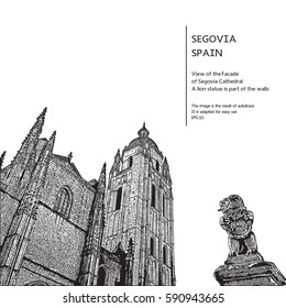 Cathedral of Segovia, Spain. Vector illustration in engraving style.
A lion statue is part of the walls. Free public square.