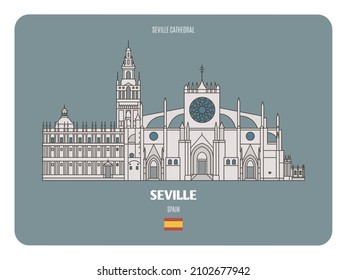 Catedral de Sevilla, España. Símbolos arquitectónicos de las ciudades europeas. Vector colorido 