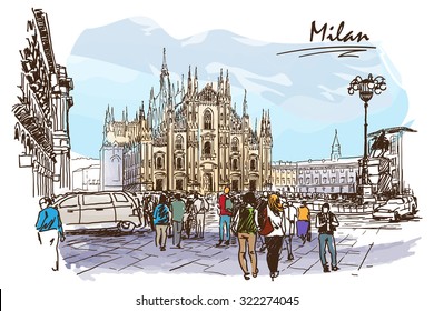 Cathedral square in Milan. Painted sketch imitating ink pen drawing above blurry watercolor. EPS10 vector illustration.