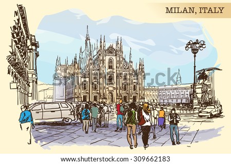 Cathedral square in Milan. Painted sketch imitating ink pen drawing above blurry watercolor. EPS10 vector illustration.