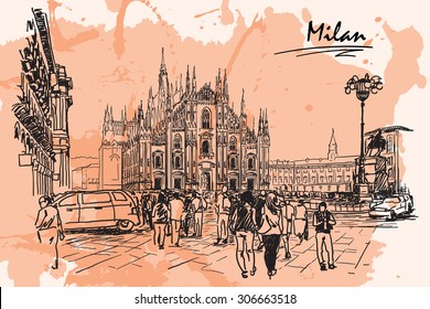 Cathedral square in Milan. Sketch style drawing imitating ink pen drawing. with a grunge background on a separate layer. EPS10 vector illustration.