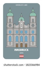 Cathedral of St. James in Innsbruck, Austria. Architectural symbols of European cities. Colorful vector 