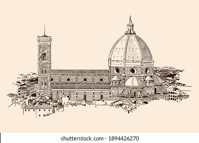 Cathedral of St. Mary in Florence. General view of the city. Sketch on a beige background.