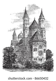 Cathedral of St Peter or Worms Cathedral in Worms, Germany, during the 1890s, vintage engraving. Old engraved illustration of Cathedral of St Peter. Trousset encyclopedia (1886 - 1891).