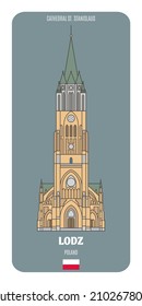 Cathedral St Stanislausl in Lodz, Poland. Architectural symbols of European cities. Colorful vector 