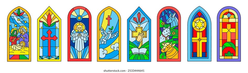 Cathedral stained glasses. Biblical stories from colored mosaics. Christian religious church windows. Christianity architecture. Arch windowsill art. Orthodoxy chapel