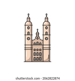 Cathedral Swiss landmark isolated flat line icon. line icon. Vector swiss national symbol, medieval architecture, tourist attraction. Grossmunster Church in Zurich old town, religion building