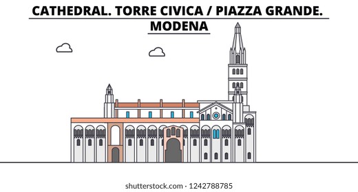 Cathedral. Torre Civica - Piazza Grande. Modena line travel landmark, skyline, vector design. Cathedral. Torre Civica - Piazza Grande. Modena linear illustration. 