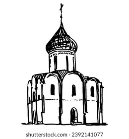 Catedral de la Transfiguración del Salvador en Pereslavl-Zalessky. Spaso-Preobrazhenskiy Sobor. Antiguo templo ortodoxo ruso. Esbozo aproximado de doodle dibujado a mano. Silueta blanca y negra.