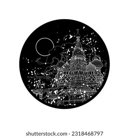 The Cathedral of Vasily the Blessed in circle. Graphic drawing. Card template design. Vector illustration.