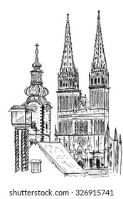 Cathedral in Zagreb, Croatia. Vector sketch.