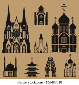 Cathedrals and churches duo-tone infographic set