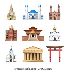 Cathedrals, churches and mosques vector building set. Collection of temple buildings and architecture. Places of interest of different countries. Islam, buddhist, hindu and christian religion.