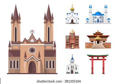 Cathedrals, churches and mosques vector building set. Collection of temple buildings and architecture. Places of interest of different countries. Islam, buddhist, hindu and christian religion.