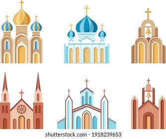 Cathedrals and churches set of colorful icons. Religious architectural buildings. Christian symbol. Collection of Catholic, Orthodox and Protestant churches. Isolated. Vector illustration